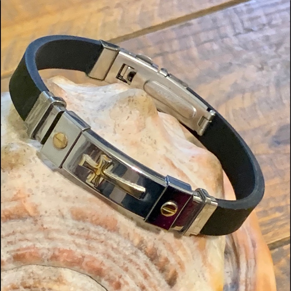 Men’s Rubber & Stainless Steel Cross Bracelet